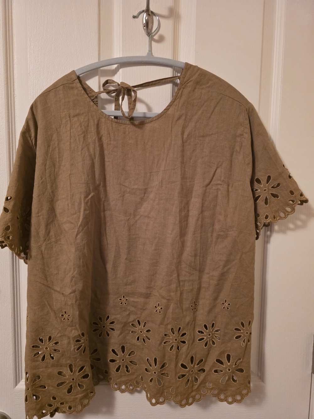 Madewell Olive Green Linen Blend Eyelet Scalloped Hem Tie Back Top Plus 1X